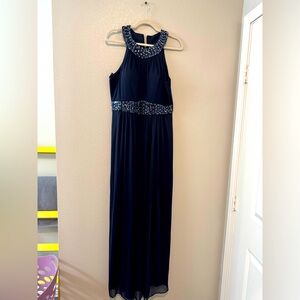 Chic Navy Sleeveless Maxi Dress with Beaded Accents